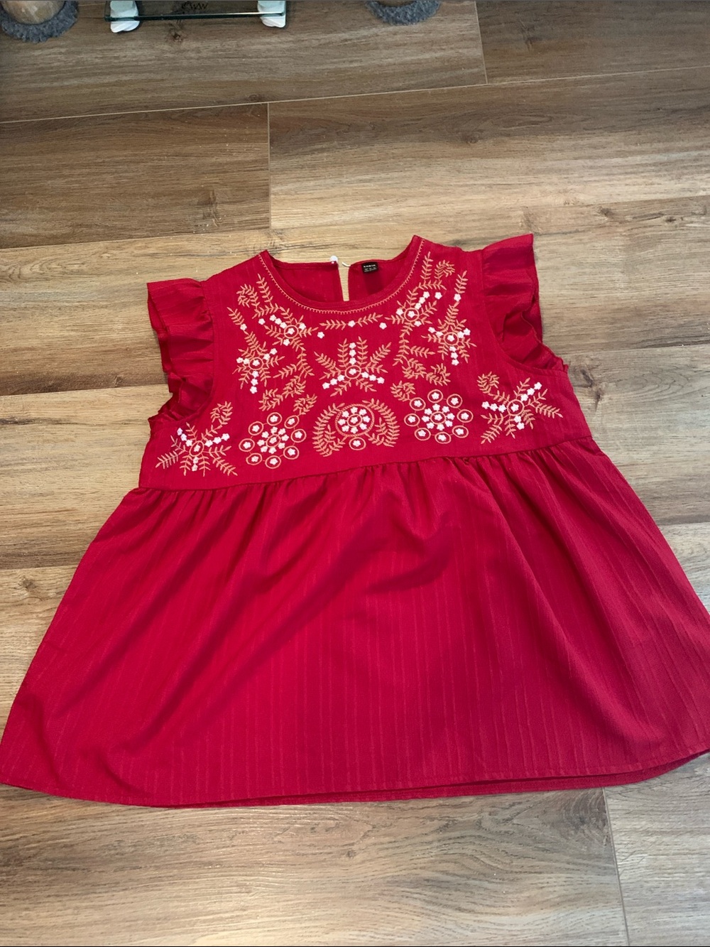 SHEIN Tops (2)Red Embroidered Ruffle Sleeve Dress with Pink print Size XL - Picture 2 of 12